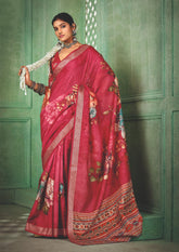 Bright Maroon Tussar Silk Floral Print Saree